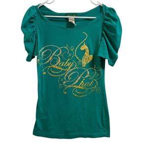 Vintage Y2K Baby Phat Cat Logo Med Rhinestone Green Gold Blouse Old Money Lucky